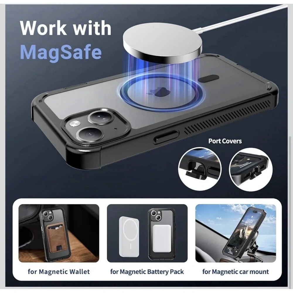 D0051-iPhone 15 Case MagSafe Compatible Shockproof Rugged Black 6.1 Inch Cover